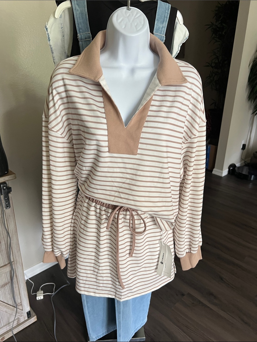 Striped Drawstring Waist Long Sleeve Skirt - Beige/White